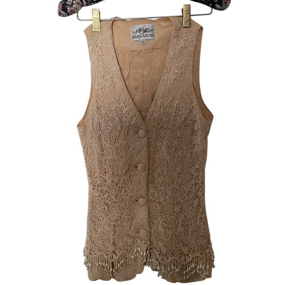 Vintage Marabou Cream Lace Beaded Vest Women’s Small  Festival Boho - Picture 1 of 7